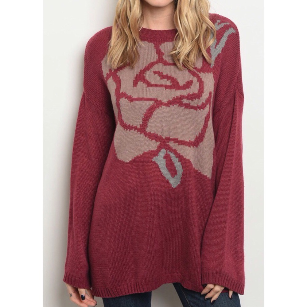 Wine Floral Design Sweater